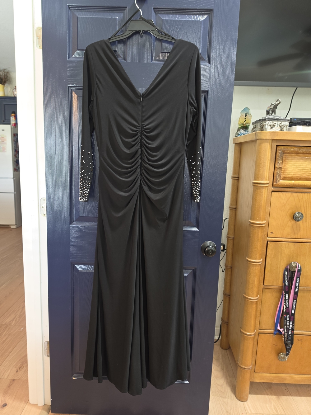 Xscape Black Long Sleeve Ruched Evening Gown with Embellished Cuffs - Picture 3 of 5
